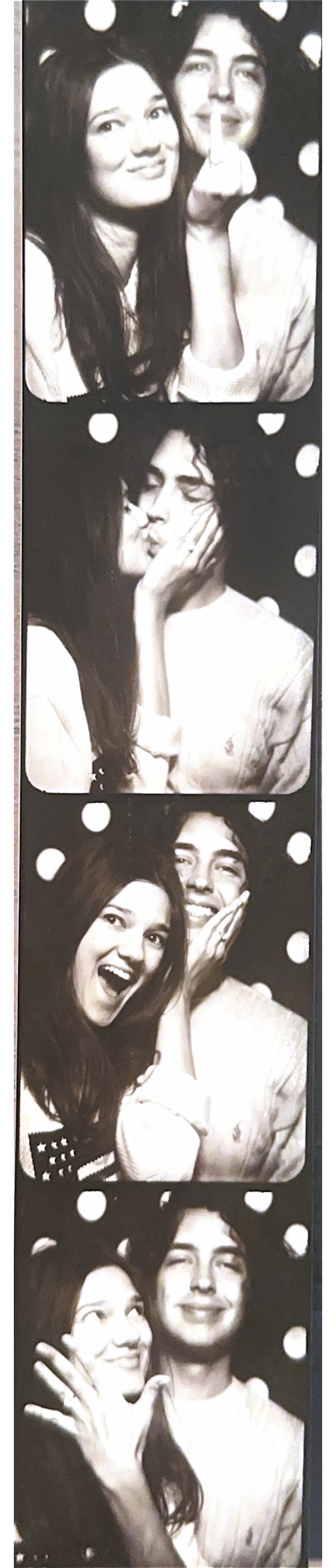 Black-and-white photobooth strip of Grace and Christian in Los Angeles, California, the morning after their engagement in June 2026.